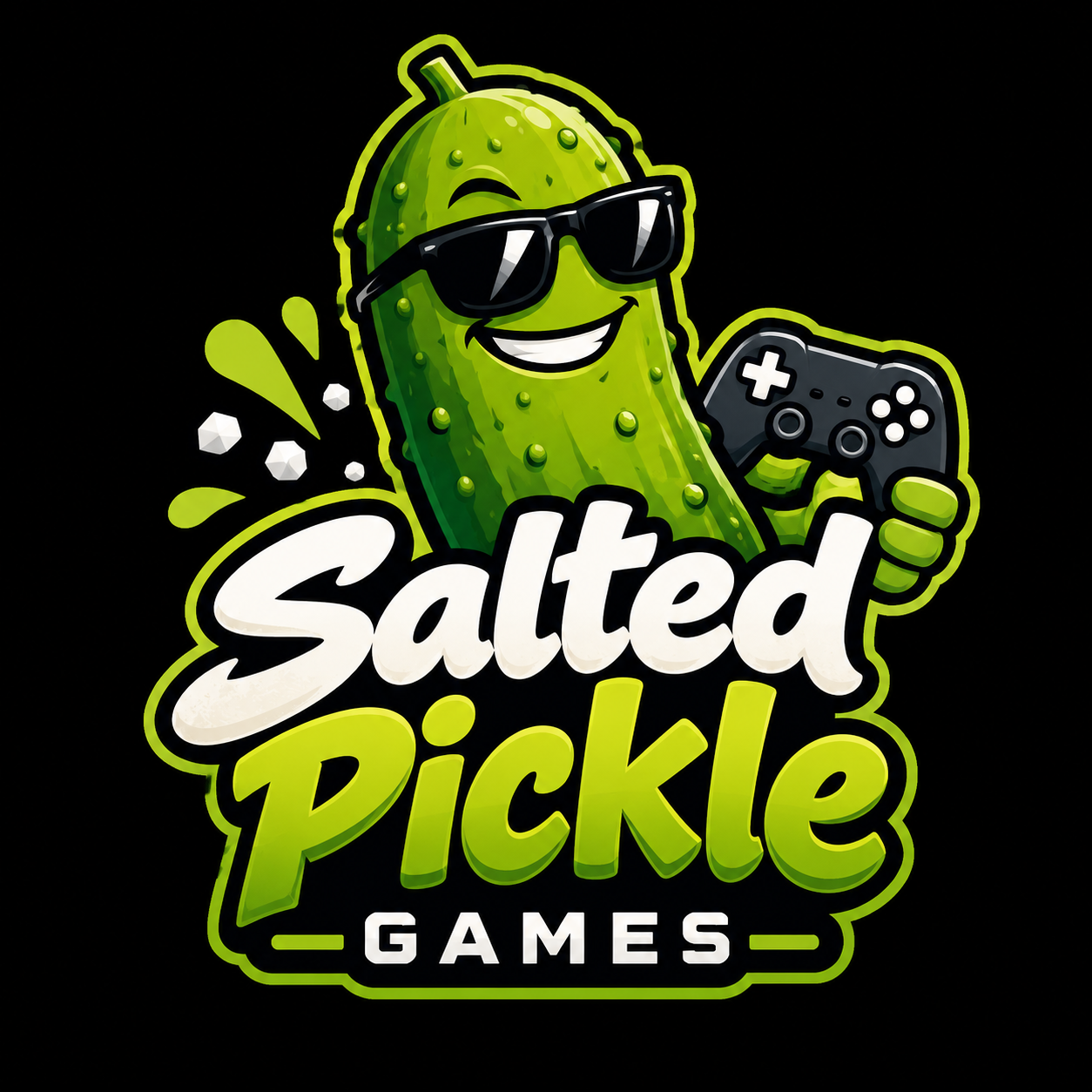 Salted Pickle Games mascot: a smiling pickle with sunglasses and a game controller